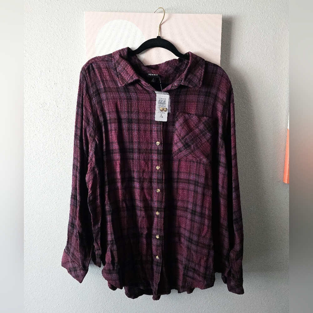 2 / 2X / 18-20 TORRID Lizzie Crinkle Flannel Button-up Top - Brown Plaid